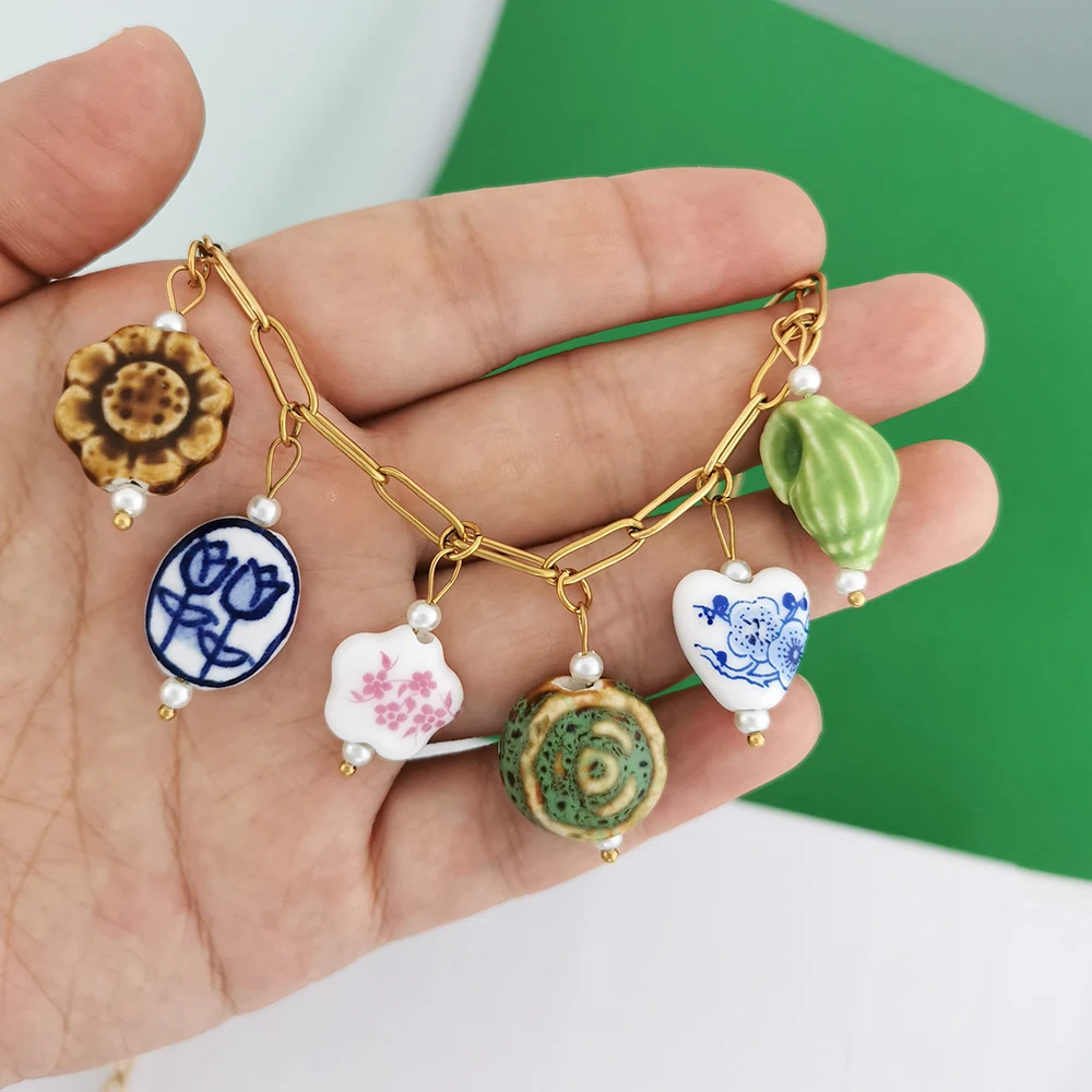 Heart Flower Conch Ceramics Pendant Charm Handmade for Necklace Stainless Steel Gold Color Geometric Imitation Pearl Wholesale