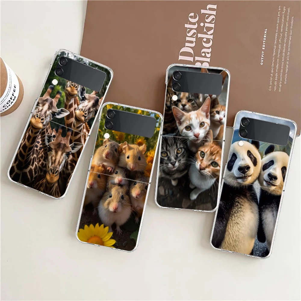 Animal selfie art Phone Case For Samsung Galaxy Z Flip 3 4 5 Hard Folding Clear PC Bumper For Samsung Z Flip3 Transparent Cover