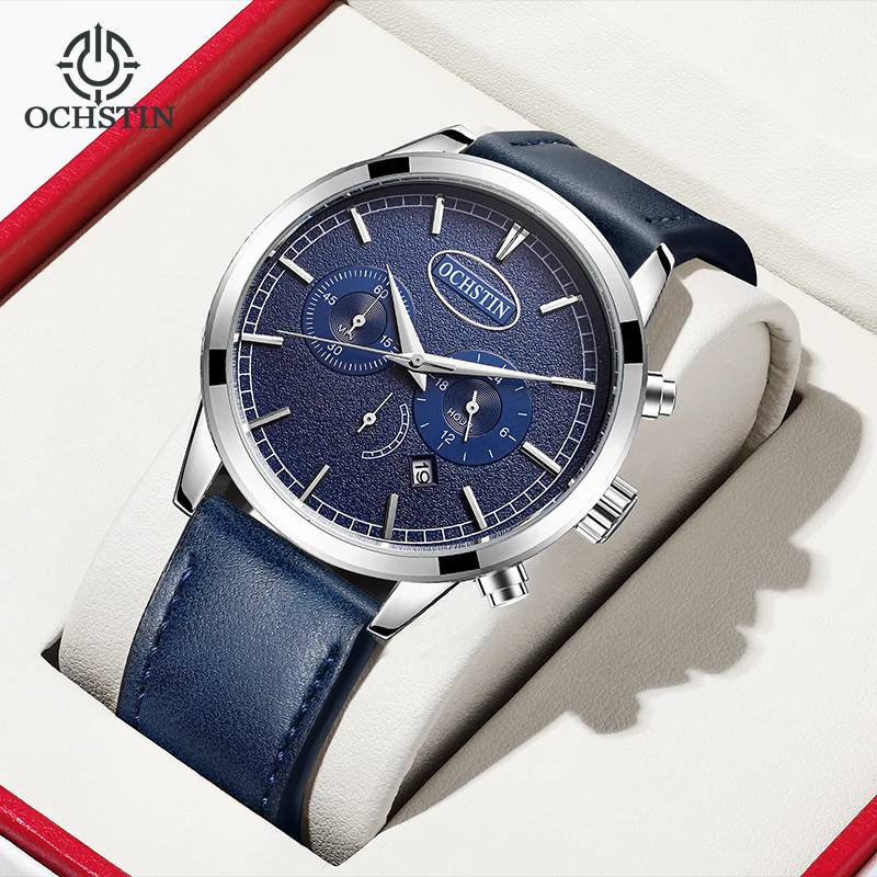 OCHSTIN Leather Strap Wristwatch Men's Quartz Movement Watch Man Luminous Hands Waterproof Luxury Navigator Series Clock