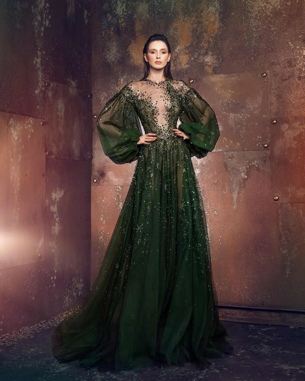 

New Arrival Luxurious Long Sleeves Dark Green Beaded A-line فساتين السهرة vestidos de fiesta فساتين سهره evening dresses