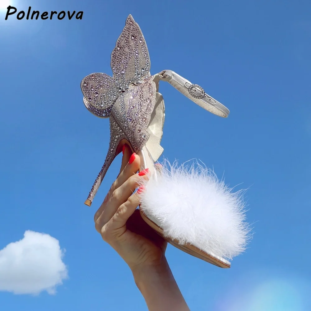 Rhinestone Butterfly Furry Sandals Round Toe Thin Heels Buckle Strap Lovely Sweet Shoes Women's Round Toe Stiletto Crystal Shoes