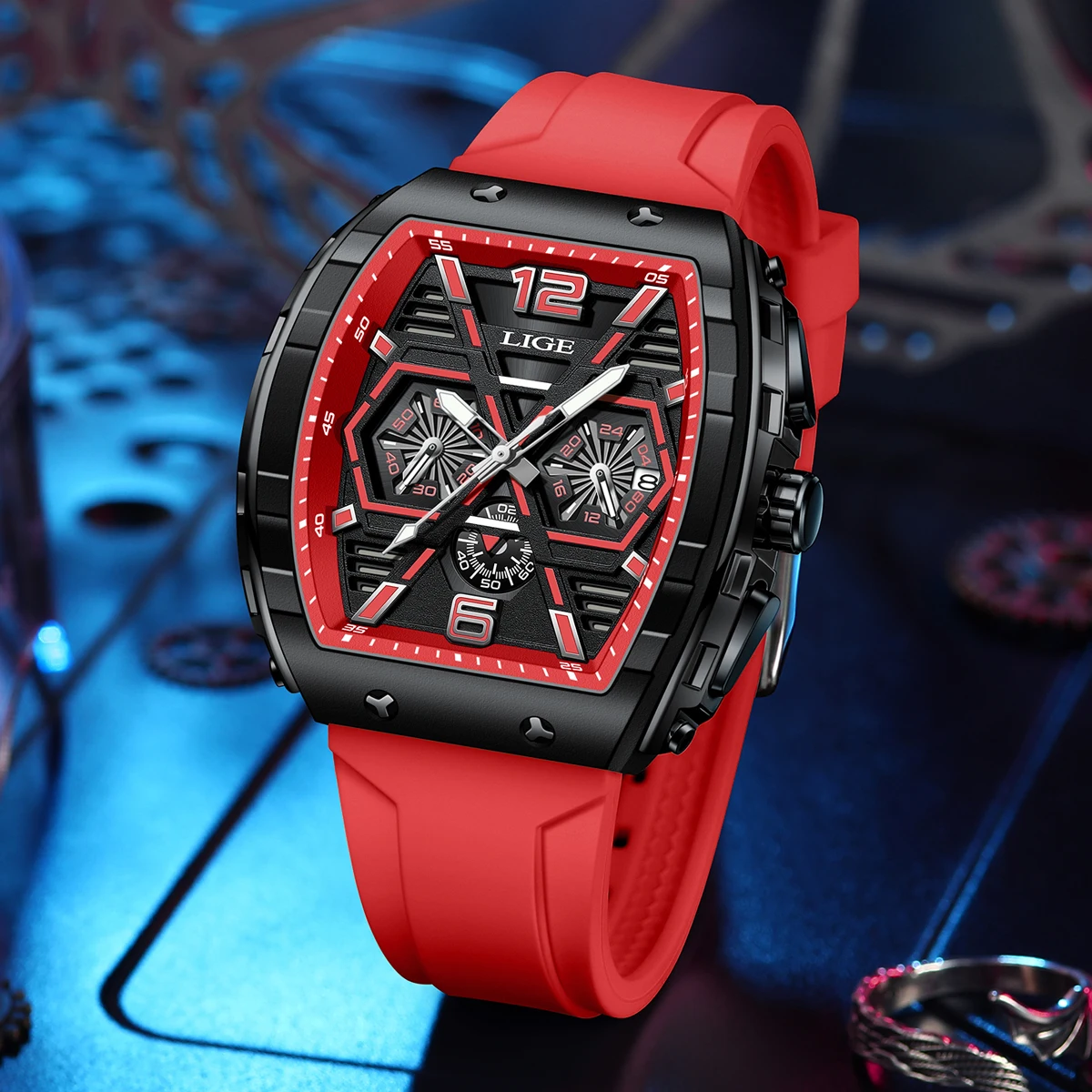 LIGE Top Brand Luxury Watches Mens Sports Waterproof Silicone Quartz Chronograph Watch for Men Luminous Square Man Watch Clock