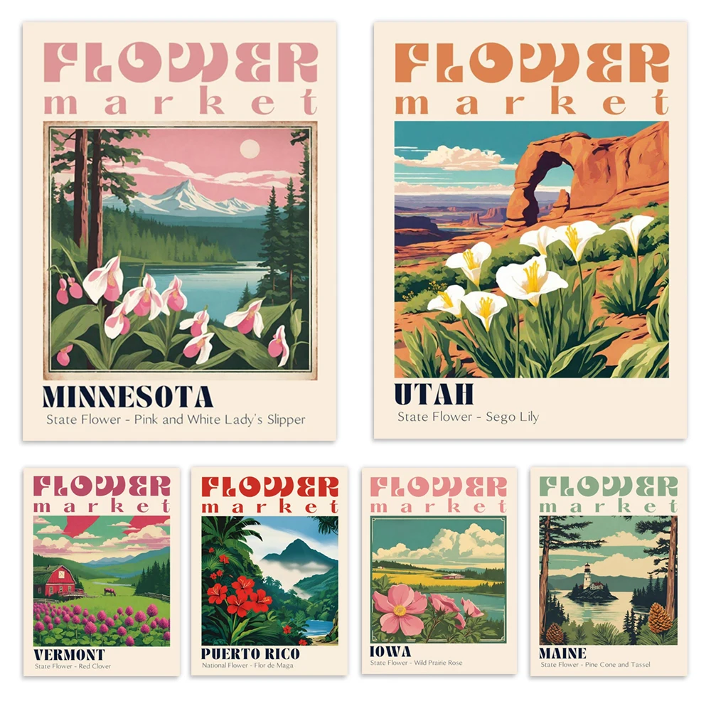 Maine, New Jersey, Puerto Rico, estampados florales, playa de arte de la selva tropical, carteles de flores Matisse, carteles de mercado de flores de fantasía