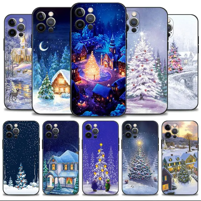 Merry Christmas Tree House Painting Phone Case For Apple iPhone 15 15 11 14 13 12 Pro Max 13 12 Mini XR X XS 7 8 Silicone Cover