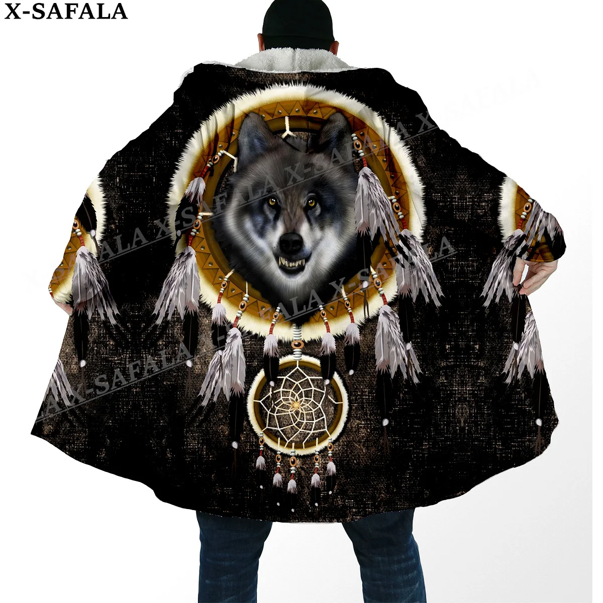 Tribal Native Chief Spirit Skull/Wolf Thick Warm Hooded Cloak Men Overcoat Coat Windproof Fleece Cape Robe Hooded Blanket-9