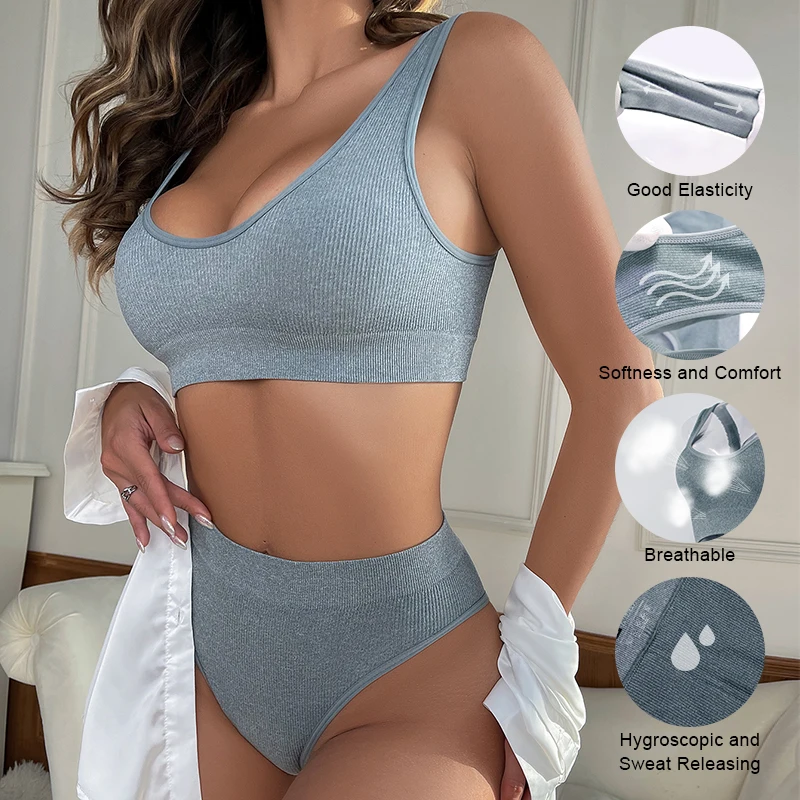 Hot Sale High Quality Latest Design Us Size Stylish Solid Comfortable Seamless Wireless Bras And Women Underwear Set