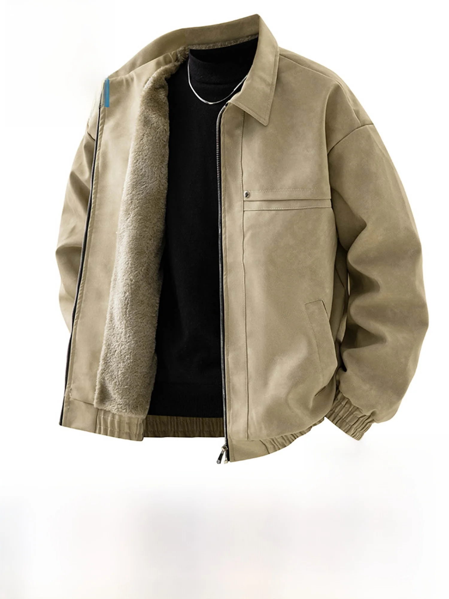 

Warm Fce Lined Thiened Retro Collar Men's Leather Jaet Winter Outerwear Youth Busin Casual Long Sve Zipper Coat