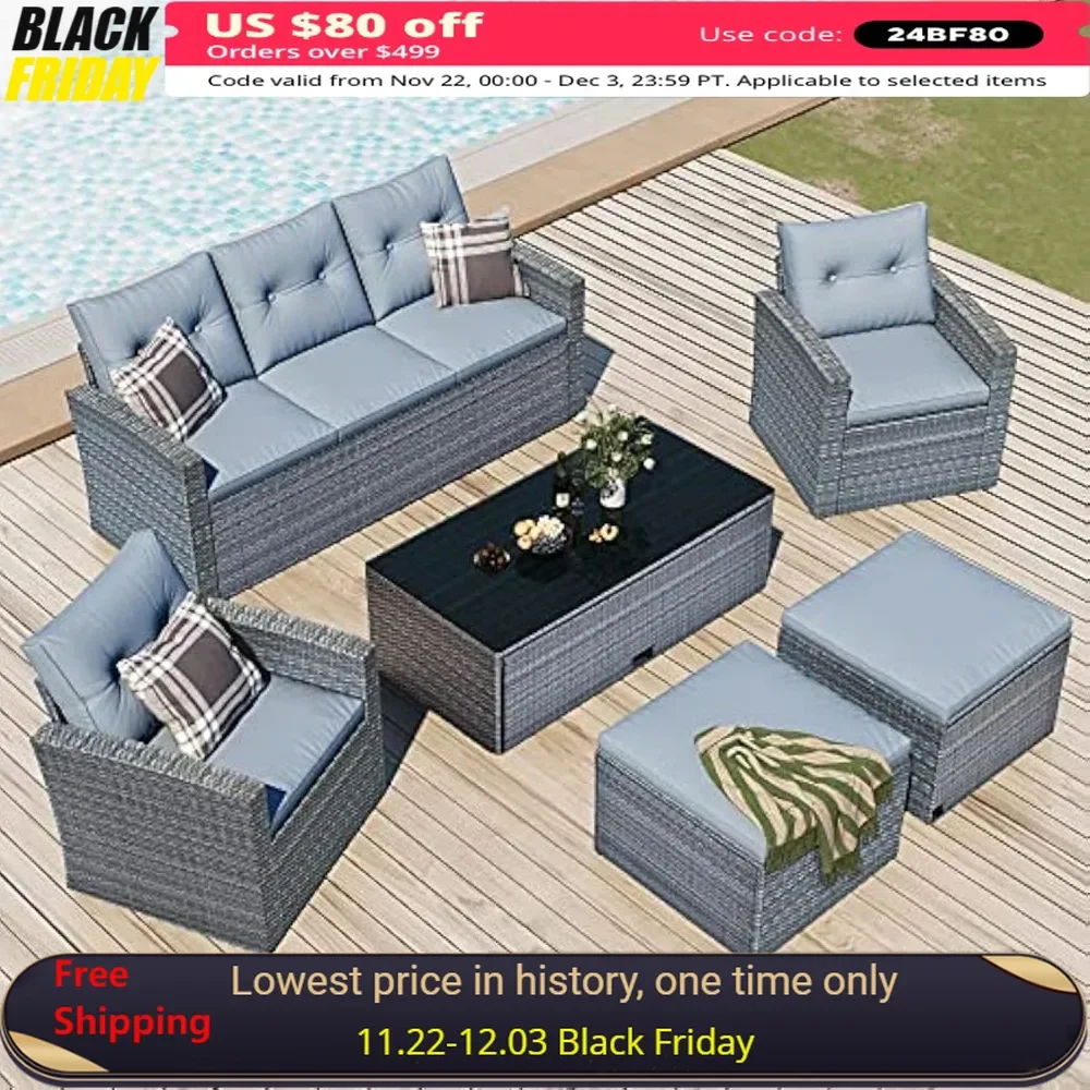 

Garden Sofa, Set of 6, Wicker Parlor Set with Coffee Table and Wicker Sofa, Footstool, Removable Cushions, Patio Sofa Set