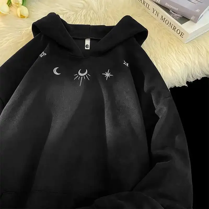 Moon God American Style Retro Drawstring Hooded Sweater Eye-catching Interesting Autumn and Winter Loose Trend Solid Color Top