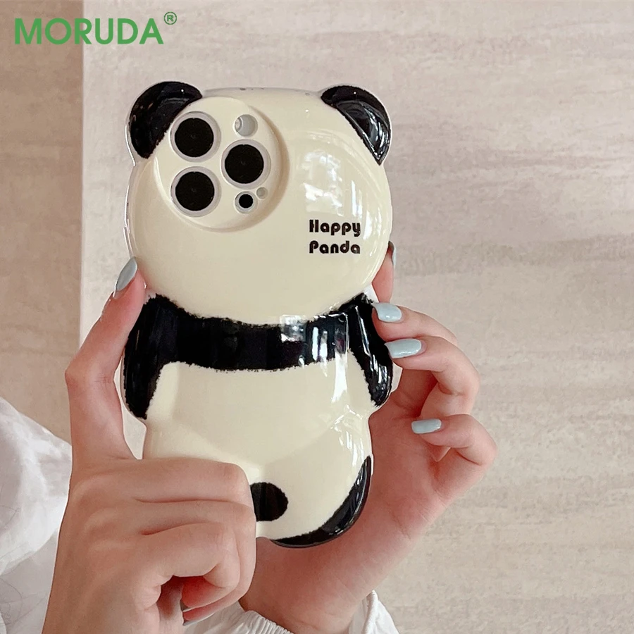 Cartoon 3D Panda Silicone Phone Case for iPhone 15 14 ProMax 11 12 13 Pro Max XR X Xs Max Lens Protection Plating Bumper Cover