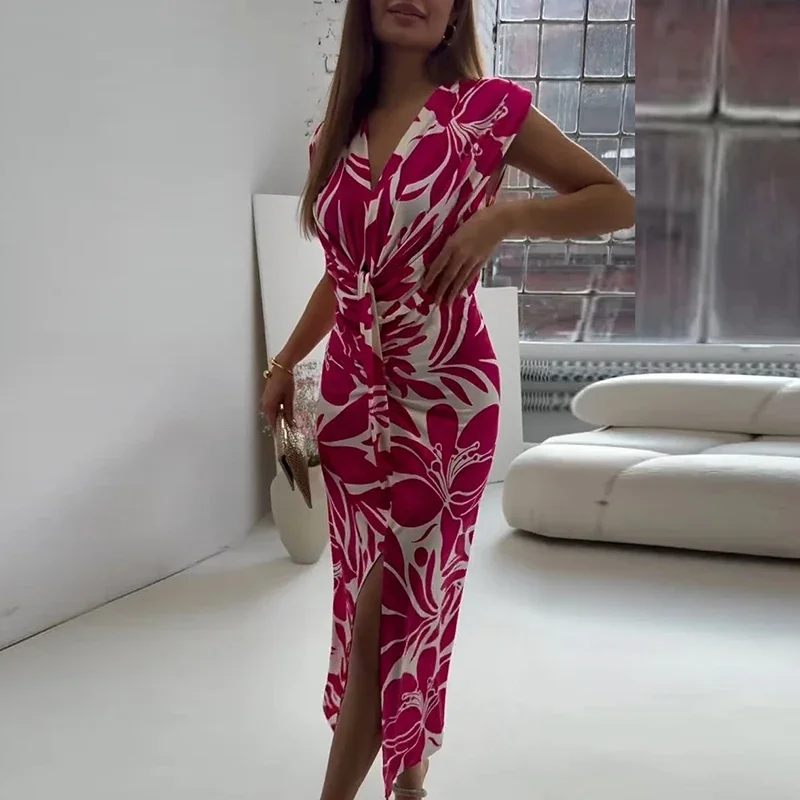 

BluWin Summer Pattern Print Pleated Women's Dress Casual Sleeveless Split Wrap Hip Dress Summer Fashion Deep V Slim A-line Dress