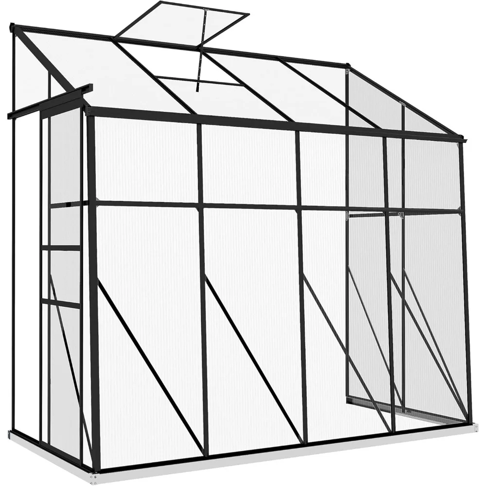 

8' x 4' Lean-to Polycarbonate Greenhouse, Walk-in Hobby Green House with Sliding Door, 5-Level Roof Vent