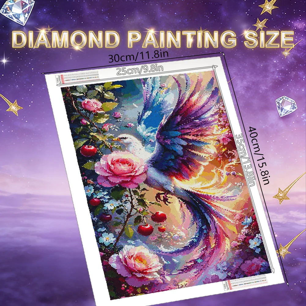 HUACAN Diamond Mosaic Phoenix Animal Resin Square Drill Handmade Painting Rose Peony Picture Rhinestones Wall Artwork