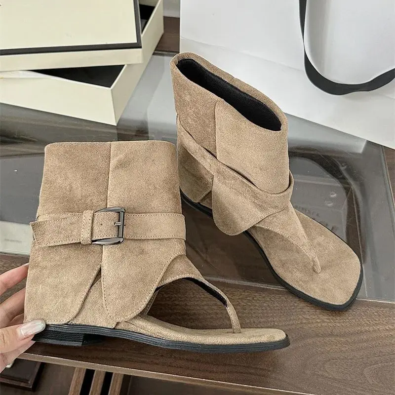 Black Low Heeled Sandals Woman Thong Wedges Shoe Roman Belt Buckle Summer Boots Ladies Peep Toe Wedge Ankle Boots