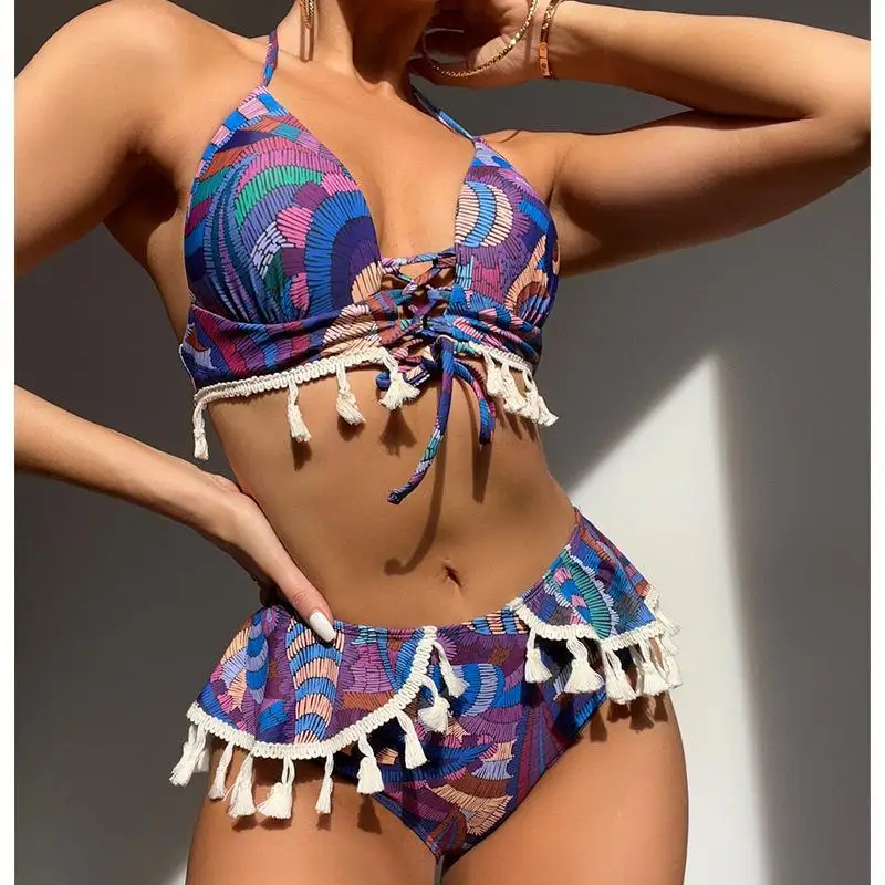 

Bikini Women's Swimsuit Fashion Swimwear Bathing Suit Women Two-pieces Suits Printed Brazilian Ethnic Style Neck Tie with Tassel