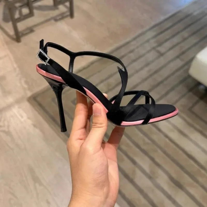Stiletto High Heels 2026 New Summer Open Toe Satin Color Block Temperament Versatile Sandals for Women