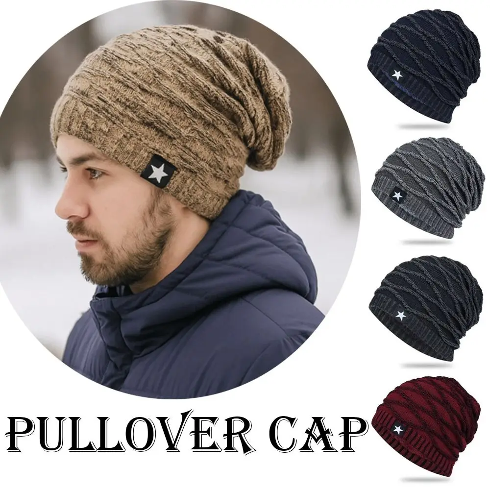 

Fashion Thickened Fleece Pile Cap Rhombus Jacquard Star Beanies Hat Warm Windproof Hood Cap Men
