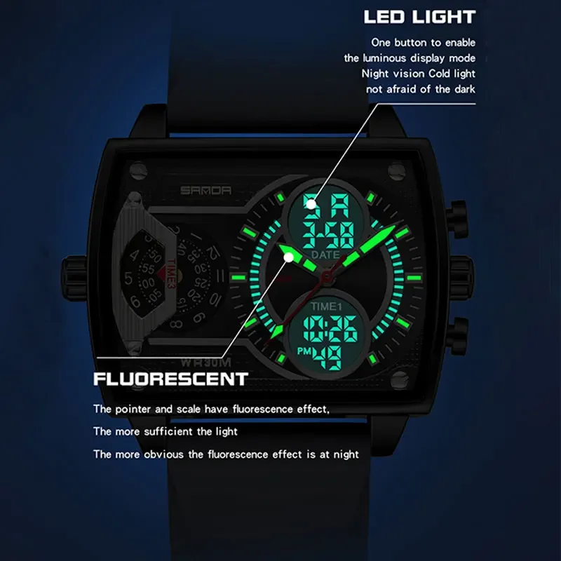 SANDA New Man's Watch Fashion Square Large Dial Unique Pattern Sports Multifunctional Student Electronic Watch Waterproof Watch
