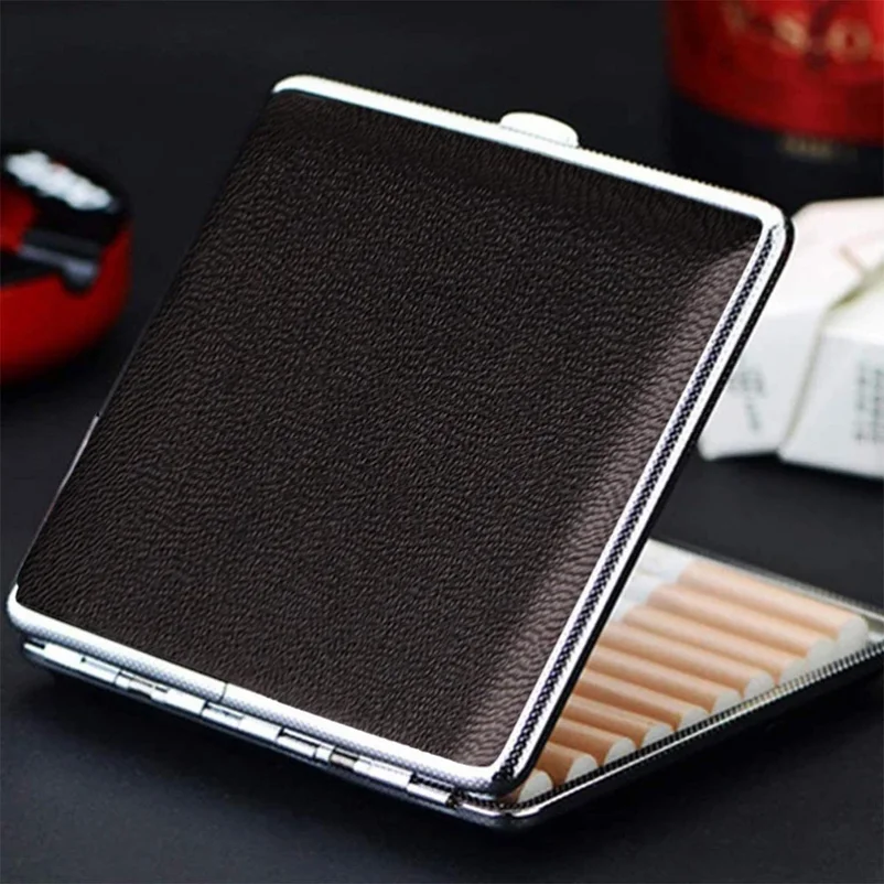 

20 Sticks Cigarette Case Leather Surface Storage Metal Box Men Smoking Accessories Leather Waterproof Cigarette Black Box