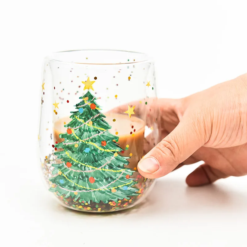 Christmas Tree Glass Cup Double Wall Flowing Sequins Cartoon Cute Heat Insulation Drinking Water Cup Gift for Christmas Birthday