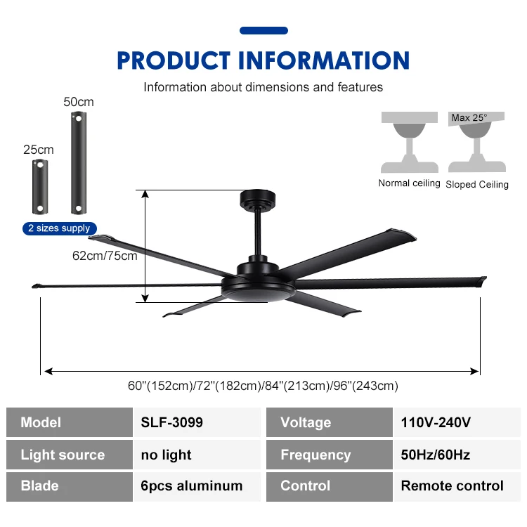 Easy Installation 60/72/84/96/120Inch Super Quiet Indoor Dining Room Remote Control Aluminum Ceiling Fan Without Light