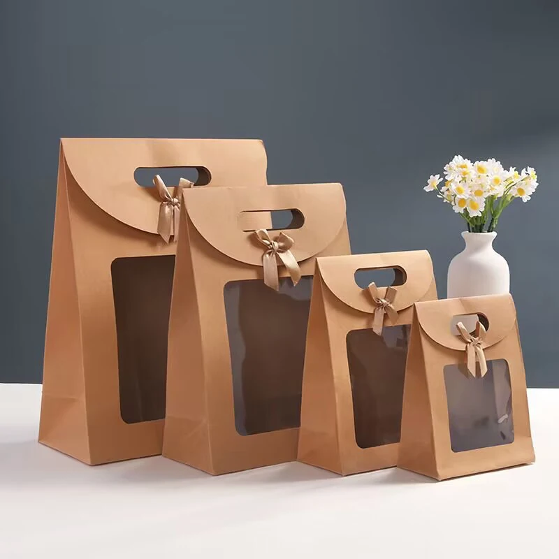 5pcs Transparent Window Kraft Paper Bags For Wedding Birthday Baptism Home Party Candy Gift Packaging Box Baking Takeaway Bag