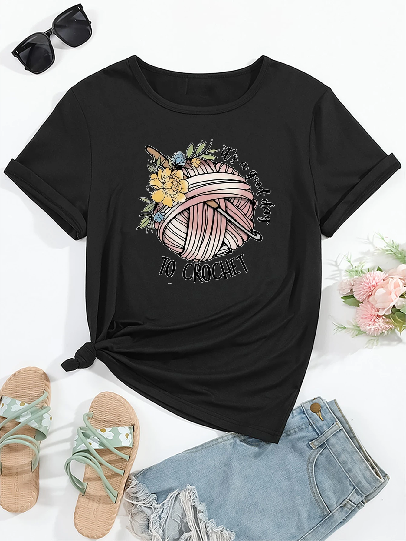 

Женская повседневная футболка с коротким рукавом «It's Turtles To Crochet» с цветочным рисунком черепахи, мягкая удобная одежда с круглым вырезом для отдыха