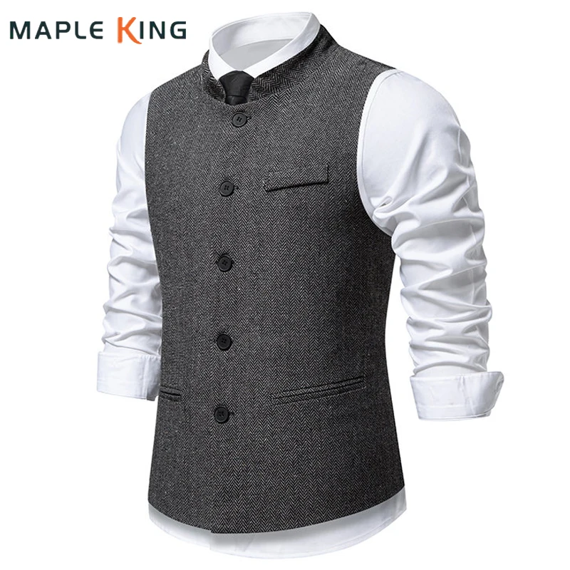 

Жилет с узором «елочка», мужской костюм Coletes Masculinos, элегантное пальто на талии, 2025 г., винтажный жилет с воротником-стойкой, Veston Hombre, формальный мужской костюм, жилеты
