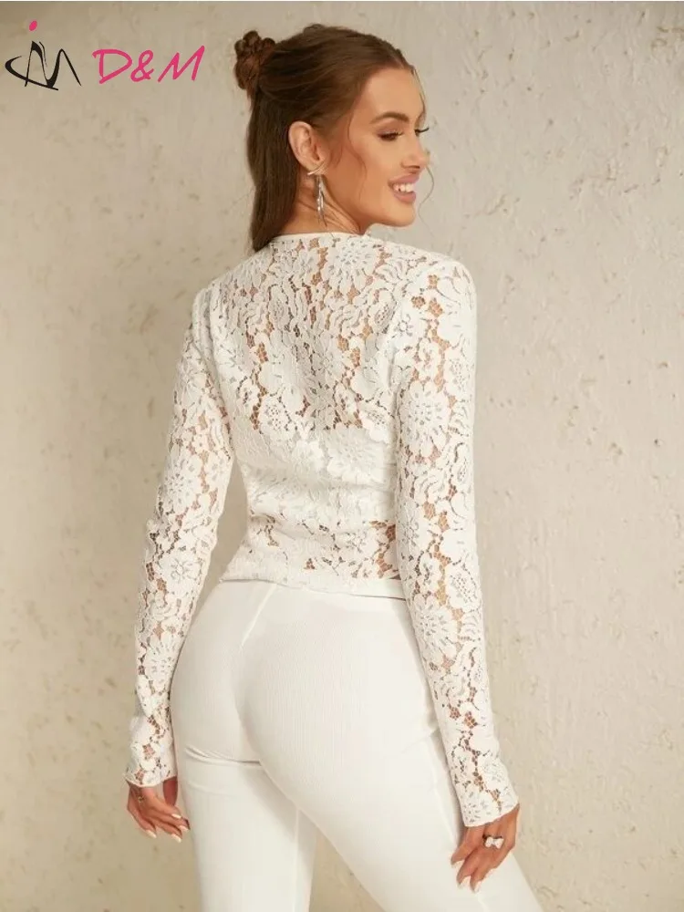 D&M Women Top Elegant Long Sleeves Tie Front Cut Out Lace Tops Without Tube Crop Top Sexys White Spring and Summer Y2k Tops