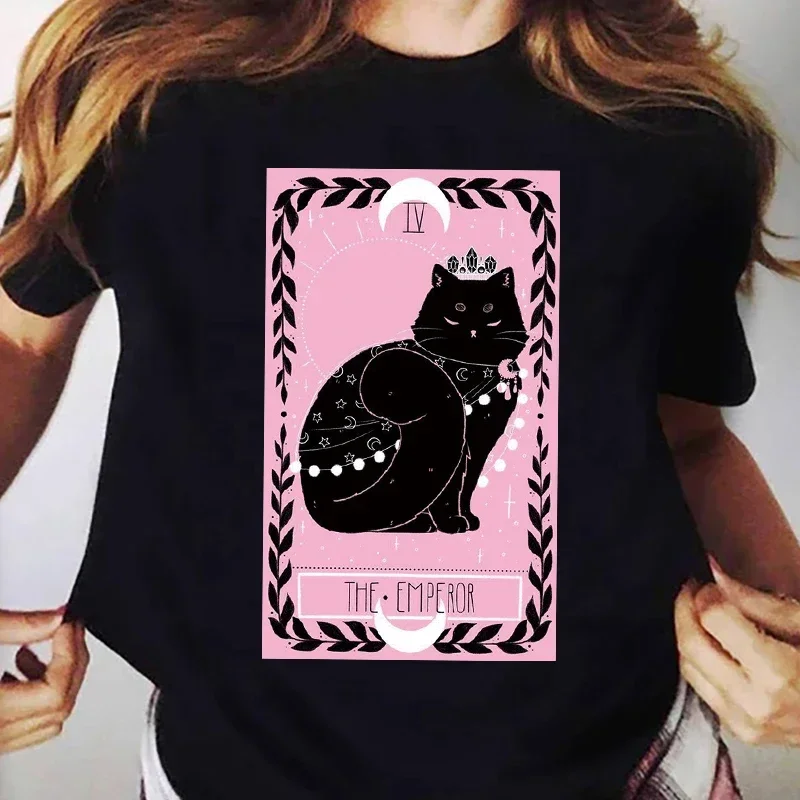 Funny Kawaii Tops Tees Ladies Tshirt 2022 The Tarot Card Cat Women T-shirt Cartoon The Magician Cats Black T shirt femme Tops