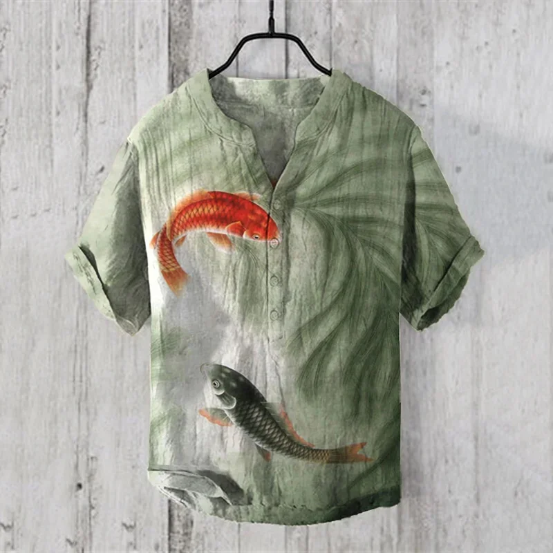 

Independent station foreign trade men's short-sleeved linen fish shirt 3D digital printing casual V-neck shirt