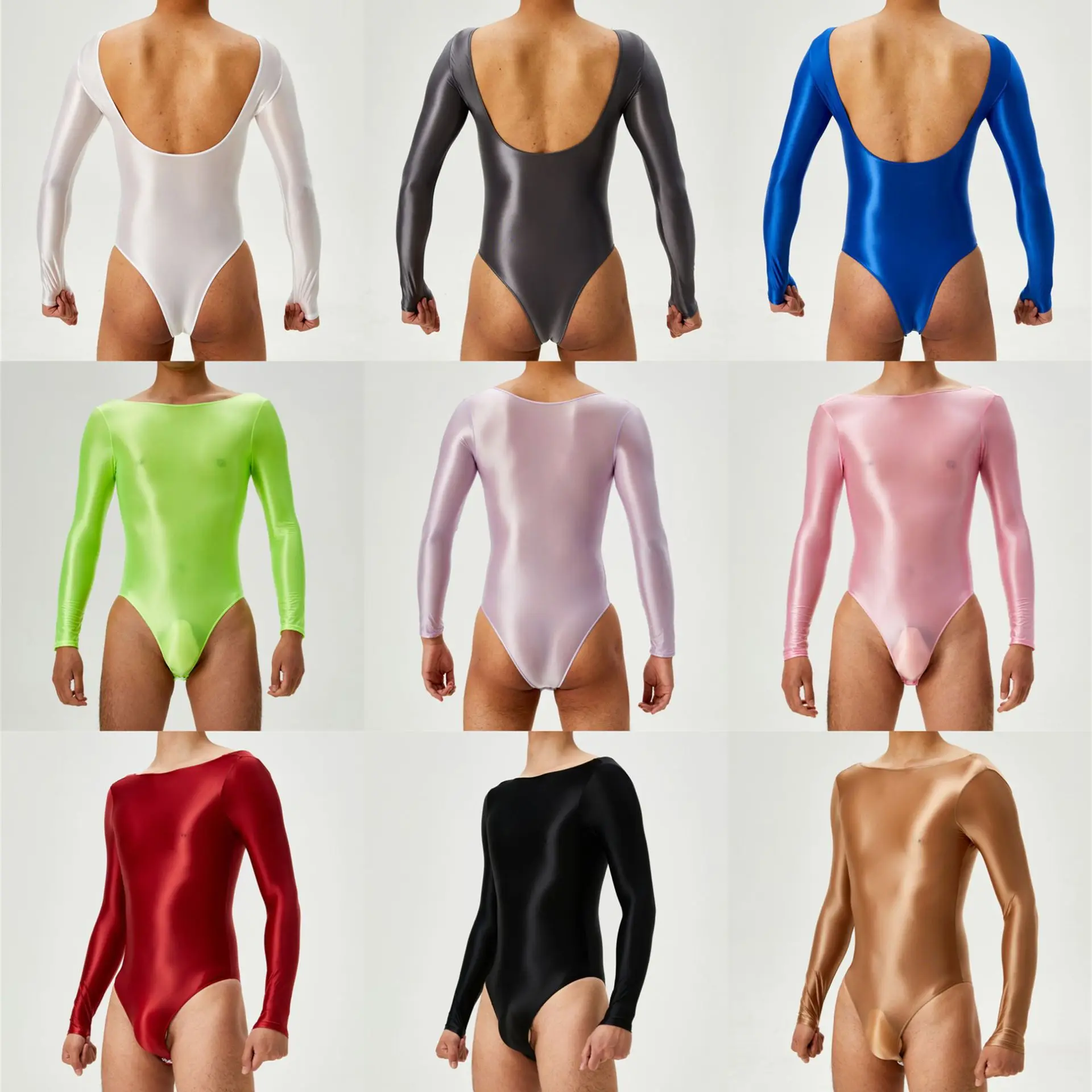 2 Sides Wearable Glossy See Through Button Crotch Bodysuit Sexy Mens Long Sleeve Undershirts One-piece Romper Leotard Underwears