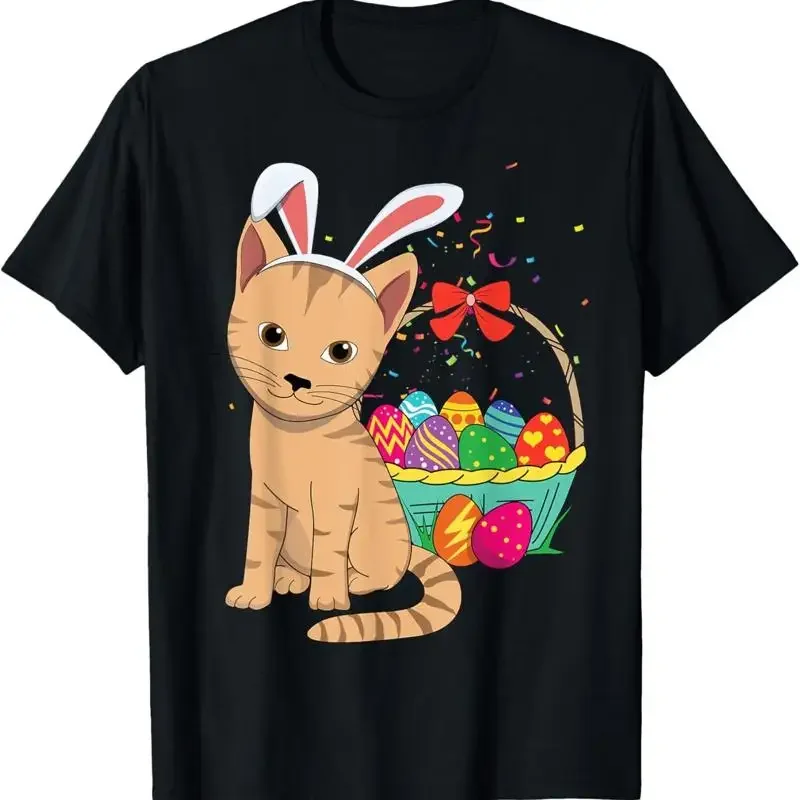 Kawaii Cute Cat Bunny Rabbit Eats Egg Happy Easter Sunday T Shirt