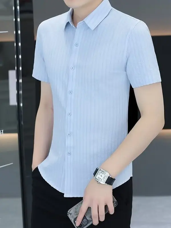 

Men's Ice Silk Cool Lightweight ort Sve irt f Sve Striped Slim Fit Casual irt Summer Faion Stand Tailoring