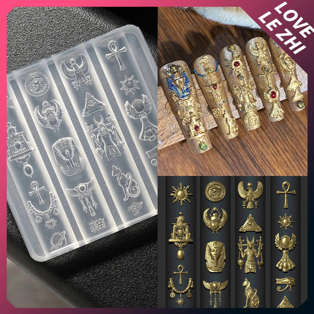 

1Pcs Vintage Egyptian Exotic Style 3D Acrylic Nails Art Silicone Mold Pyramid Clock Eye Sun Wings Queen Eagle Nail Carving Mold
