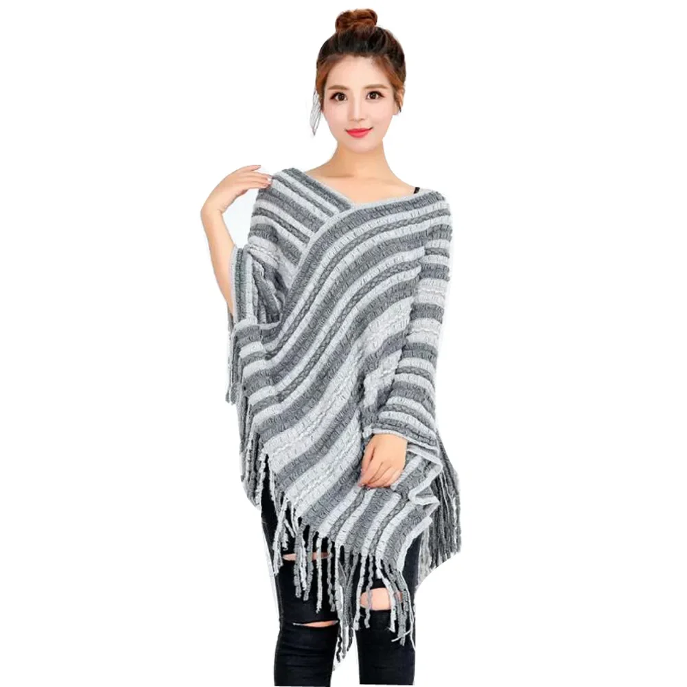Knitted Cape Color Matching Spring Autumn Tassel Pullover Shawl Woman Poncho Leisure Fashion Air Conditioning Room Warmth Gray