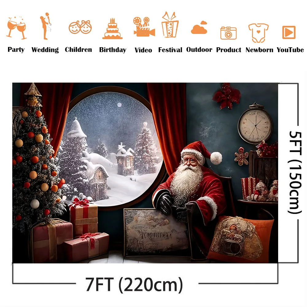 Santa Claus Christmas Background for Photography Winter Scene Windows Photo Booth Bckdrop for Photo Studio Kids Portrait Banner