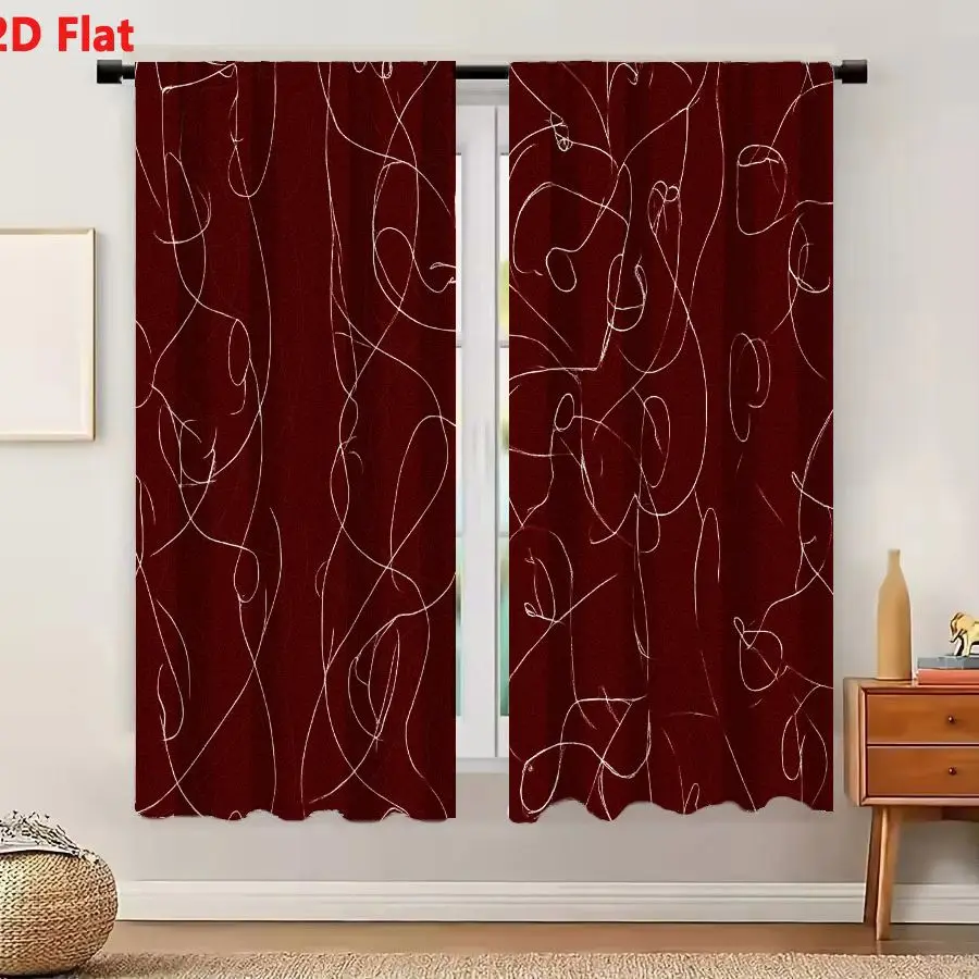 2Pcs Curtains 2D Flat Abstract Organic Curvilinear Lines Loops Seamless Pattern on Deep Red Maroon Background Window Drapes for