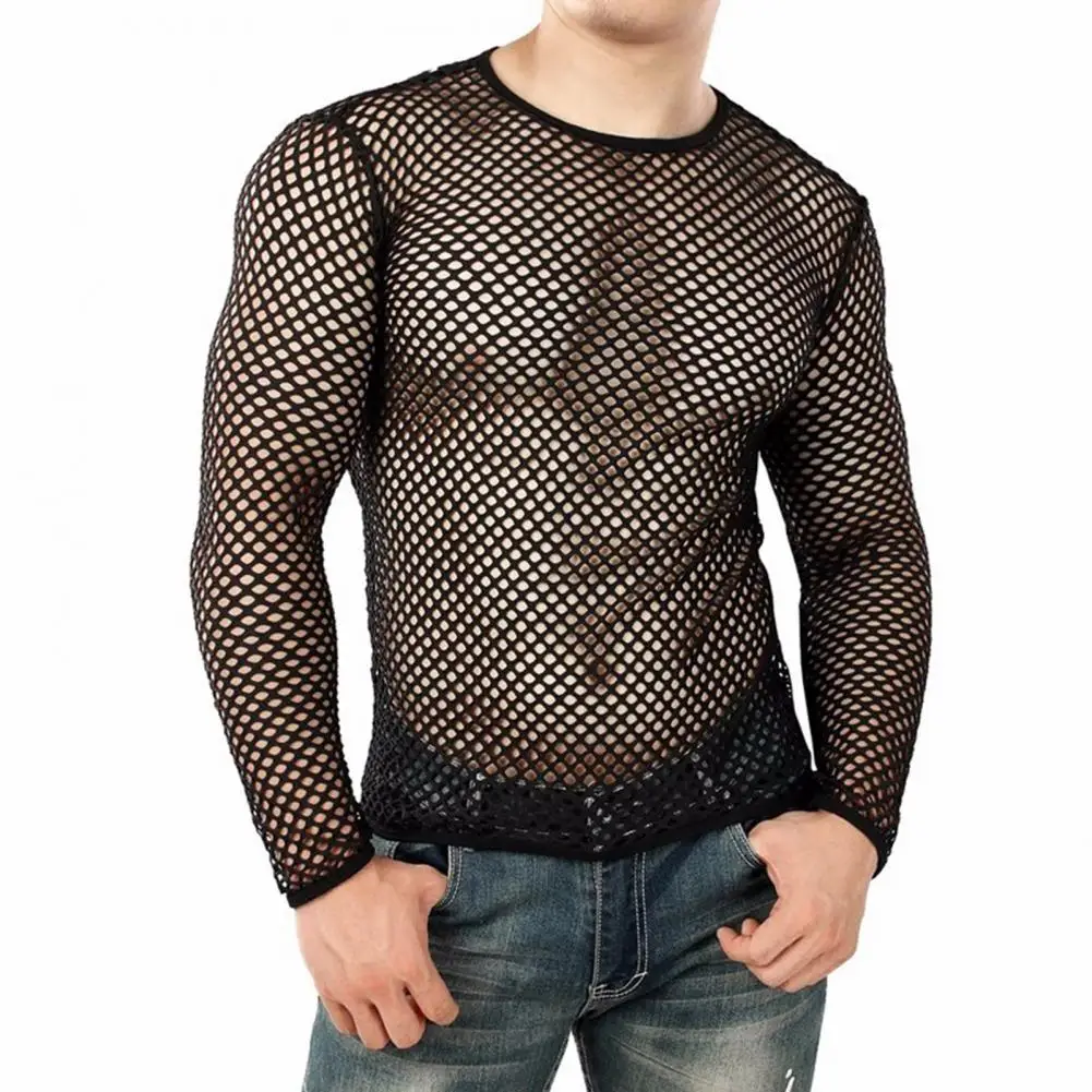 Men Club Top See-through Hollow Out Fishnet O Neck Short Sleeve Loose Thin Pullover Hip Hop Streetwear Men T-shirt men clothing