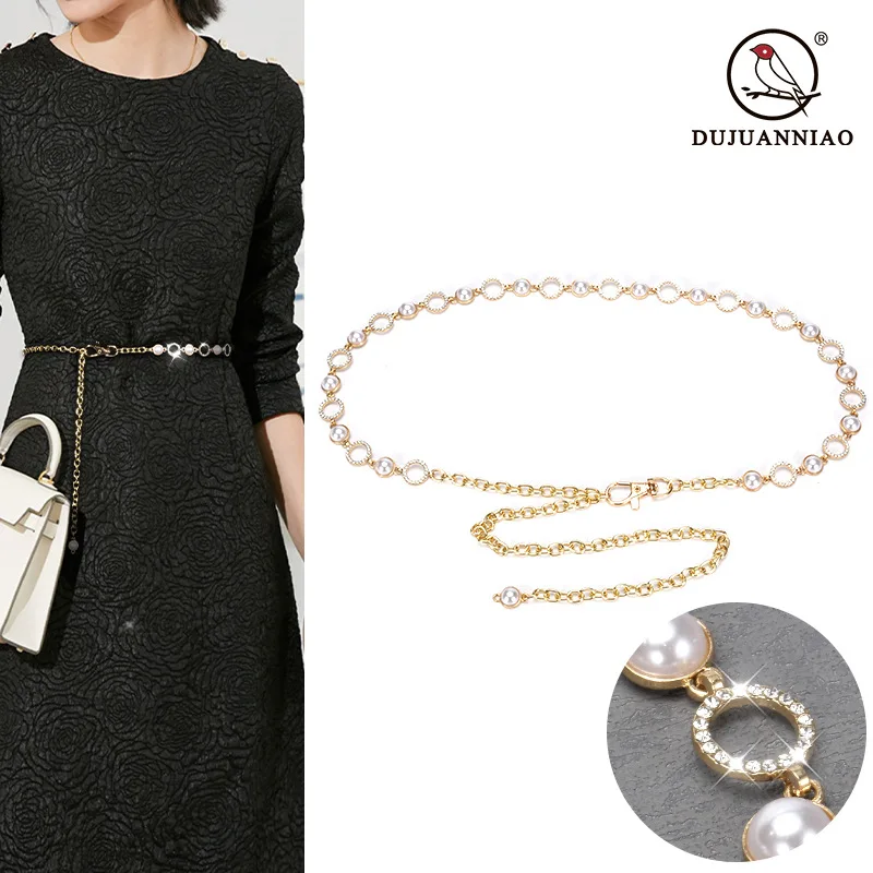 

Personalized decorative waist chain women's rhinestone pearl inlaid fine metal belt dress waist chain