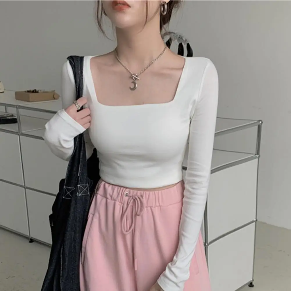 Women Crop Top Solid Color Square Neck Low Cut Slim Fit Long Sleeve Warm Pullover Elastic Lady Spring T-shirt Top Female Clothes