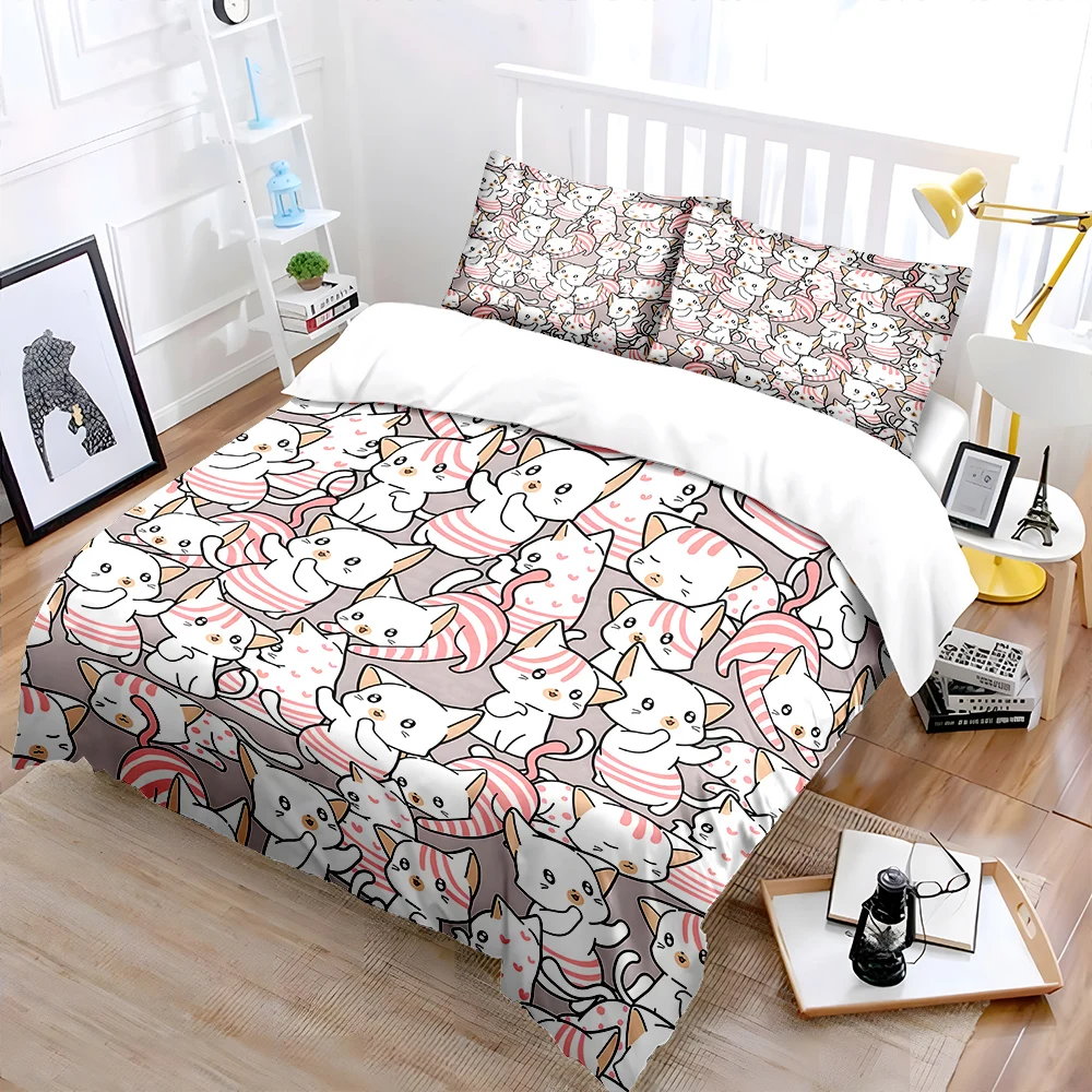 Niedliches Bettwäsche-Set mit Cartoon-Katzenmuster, 1 Bettbezug, 2 Kissenbezüge für Erwachsene und Kinder, luxuriöses Geschenk in voller Größe