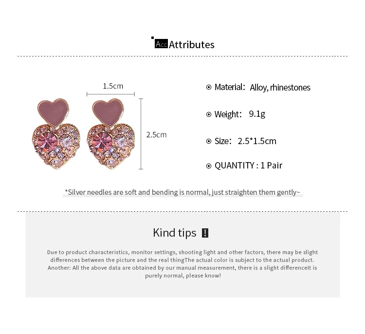 Gold Plating Rhinestone Pink Heart Drip Stud Earrings for Women Fashion Simple Versatile Earring Silver Needle Jewelry Wholesale image 6