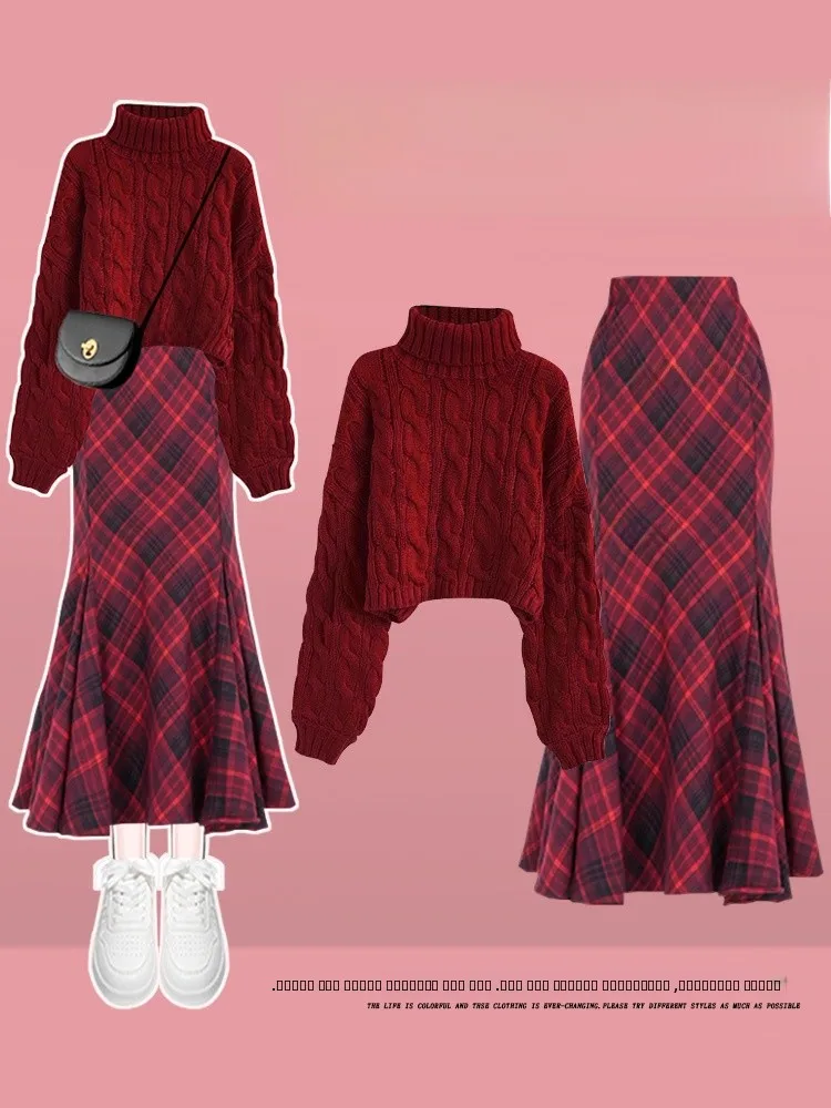 

Красный вязаный комплект из трикотажа и юбки в клетку для женщин, для празднования Рождества и Нового года, больших размеров, осень-весна