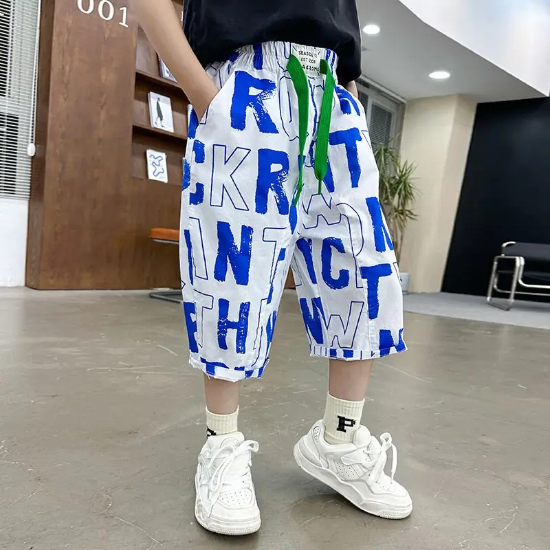 2024 Elegant Fashion Harajuku Slim Fit Children Clothes Loose Casual All Match Ice Shreds Sports Pants Thin Style Cropped Pants