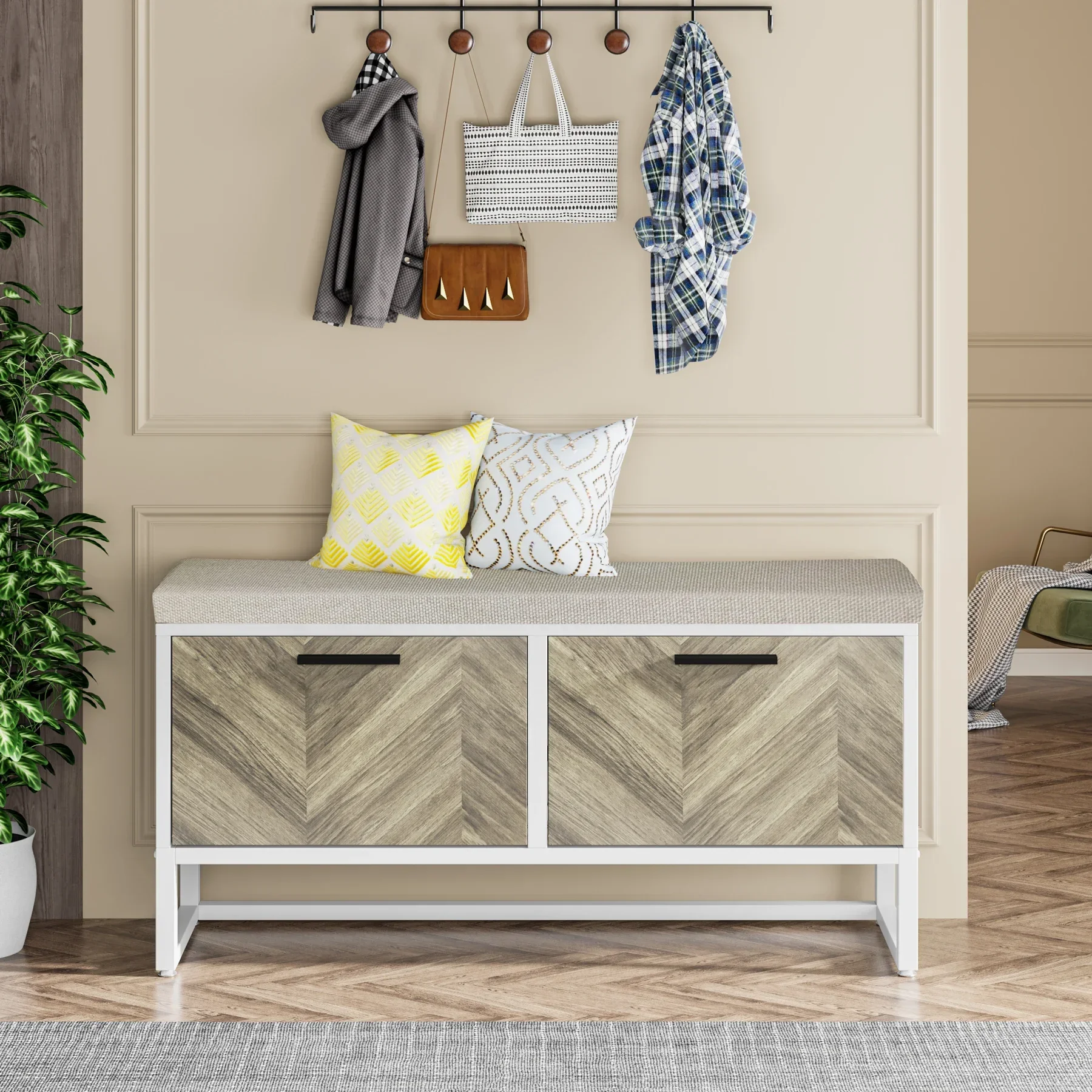 Tribesigns Shoe Storage Bench with Seat Cushion, Entryway Shoe Bench with 2 Flip Drawers, Hallway Bench with Shoe Storage