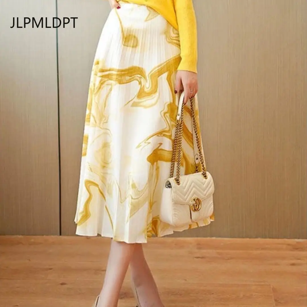 Spring and summer elegant drape high waist loose umbrella thin pleated skirt medium and long yellow skirt