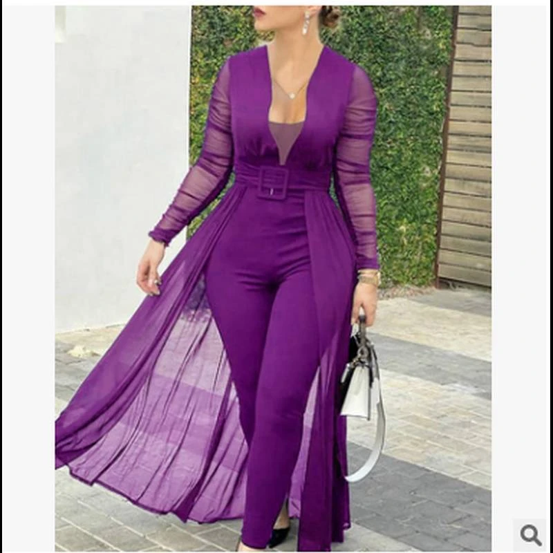 STYLISH LADY Mesh Cape Rompers and Jumpsuits 2022 Autumn Women Long Sleeve V Neck See Through Solid Elegant Club Party Overalls