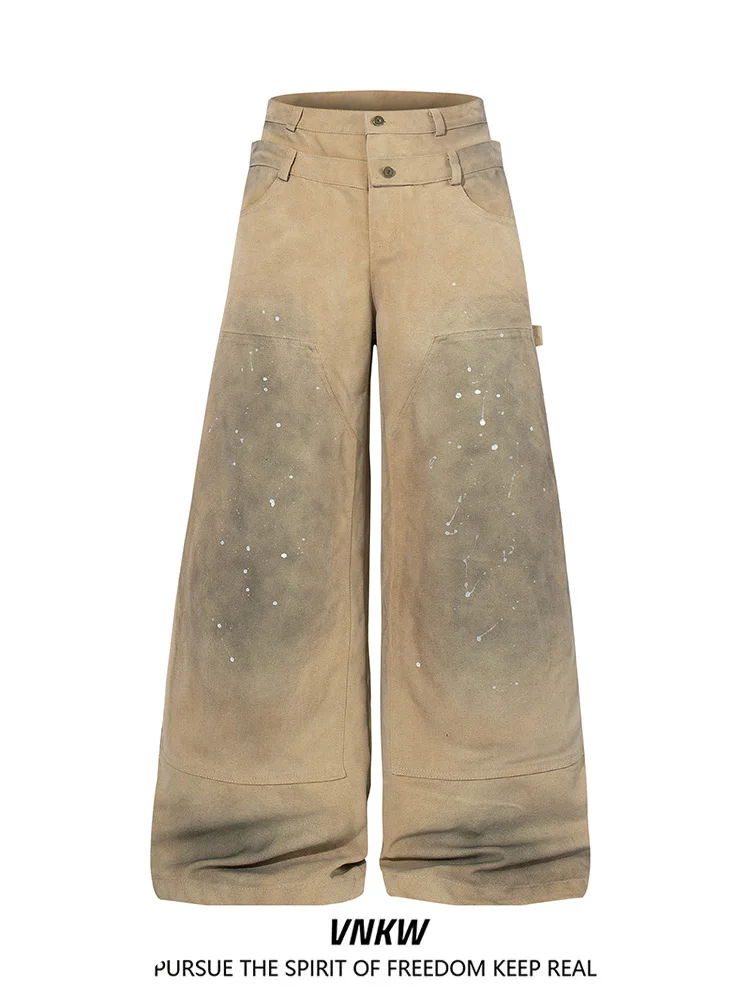 

American Retro Double Waist Woodcutter Jeans Men Women Loose Wide Leg Casual Versatile Commuting Long Pants Dirt Dyed Workwear