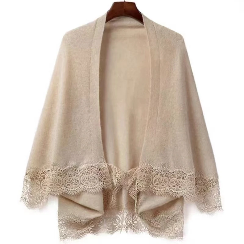 High-End Pure Wol Gebreide Sjaal Met Kant Kant Vest, Effen Kleur Cape Sjaal, Veelzijdig Voor Vrouwen, Elegante Lichte Luxe